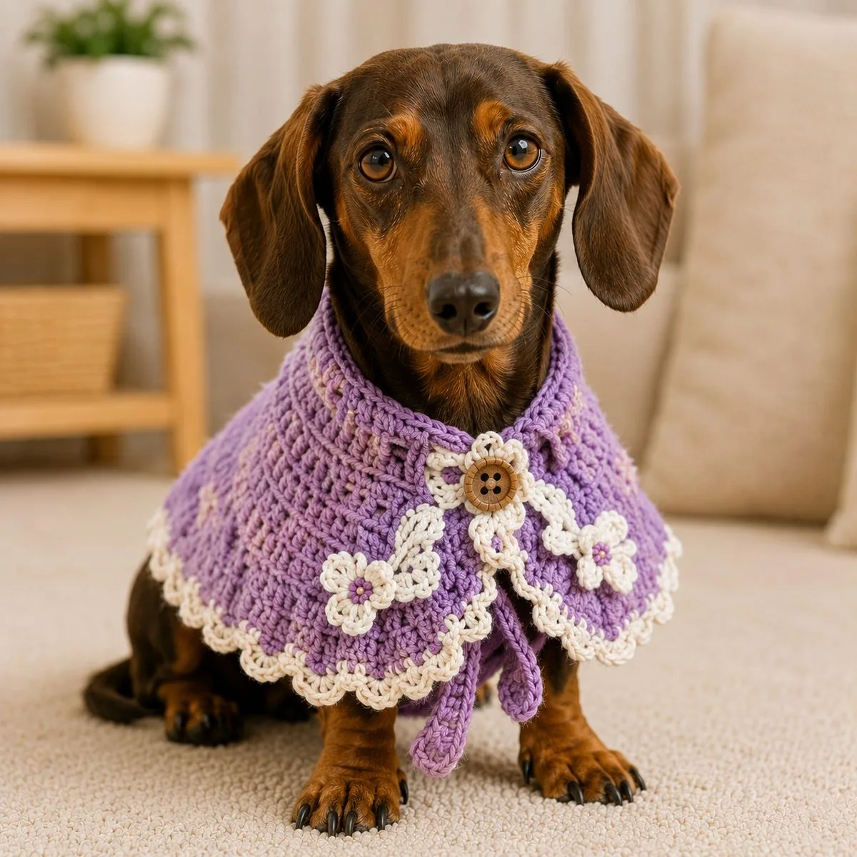 Dachshund com capa de crochê lilás com flores