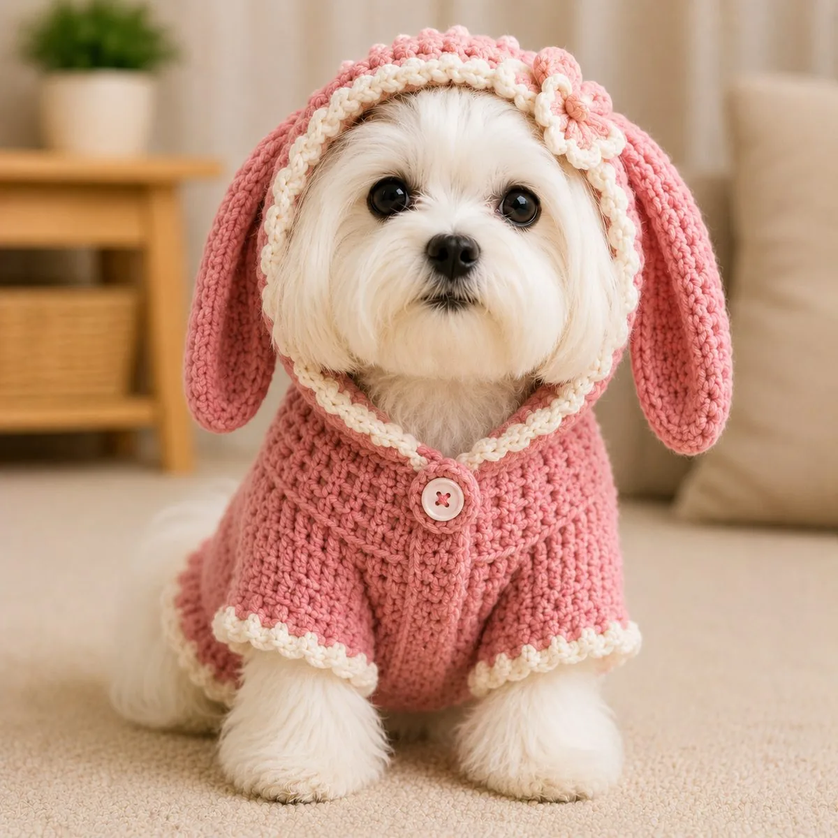 Cachorrinho com casaco de crochê rosa com capuz de orelhas