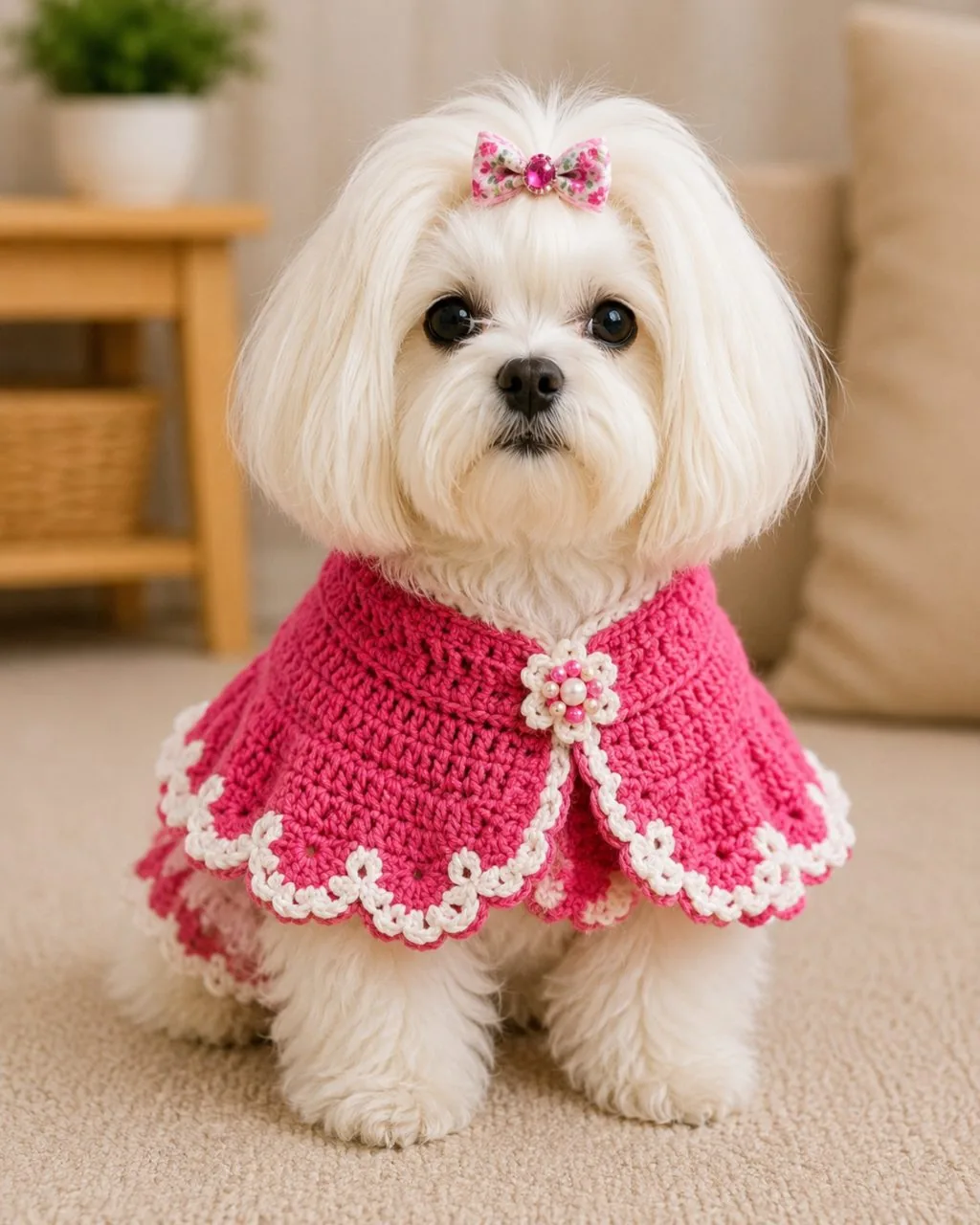 Maltês com capa rosa pink de crochê