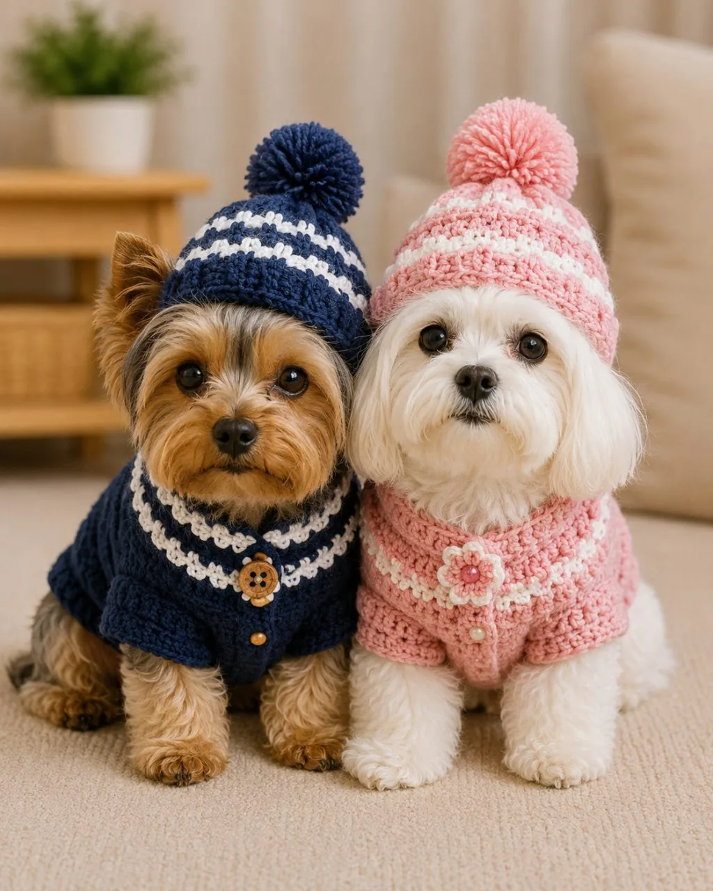 Dois cachorros com toucas e blusas de crochê