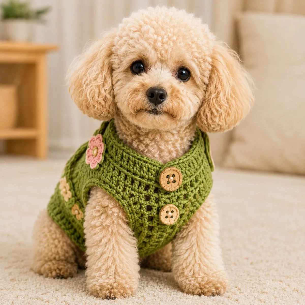 Poodle com colete de crochê verde