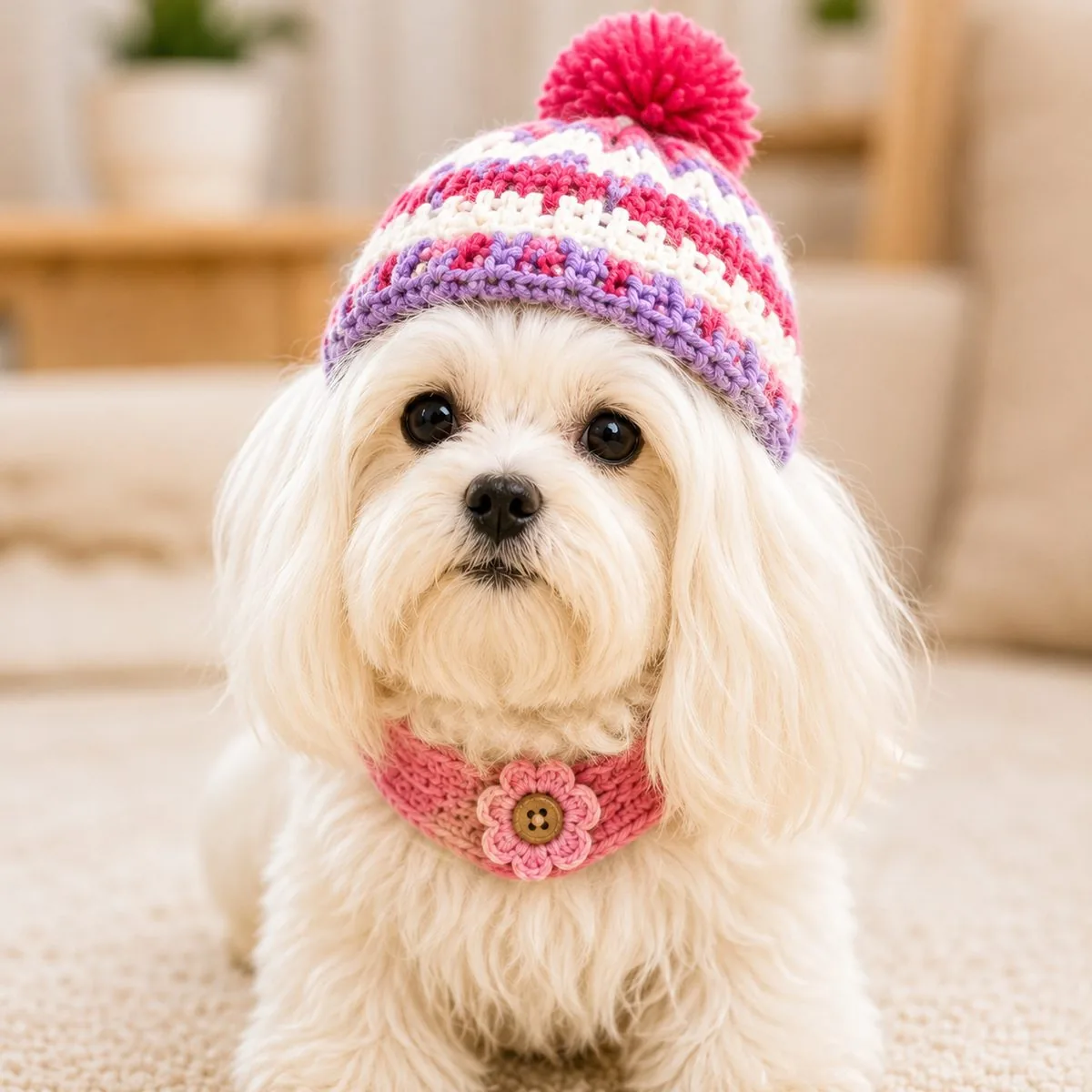 Cachorro com gorro de crochê colorido e golinha