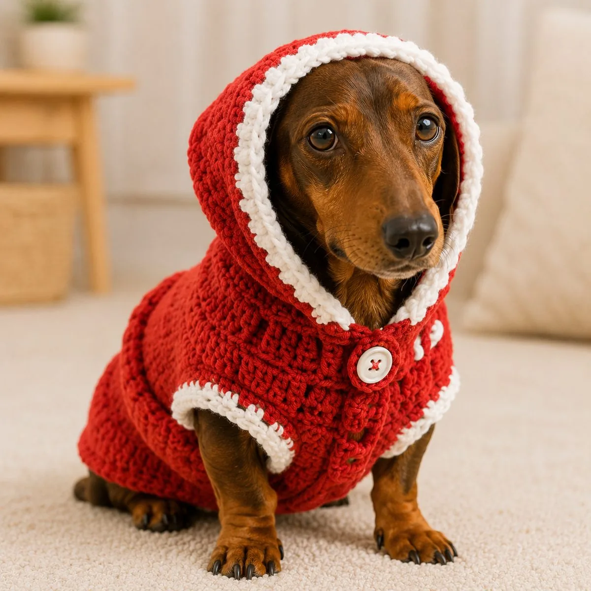 Dachshund com capuz de crochê vermelho