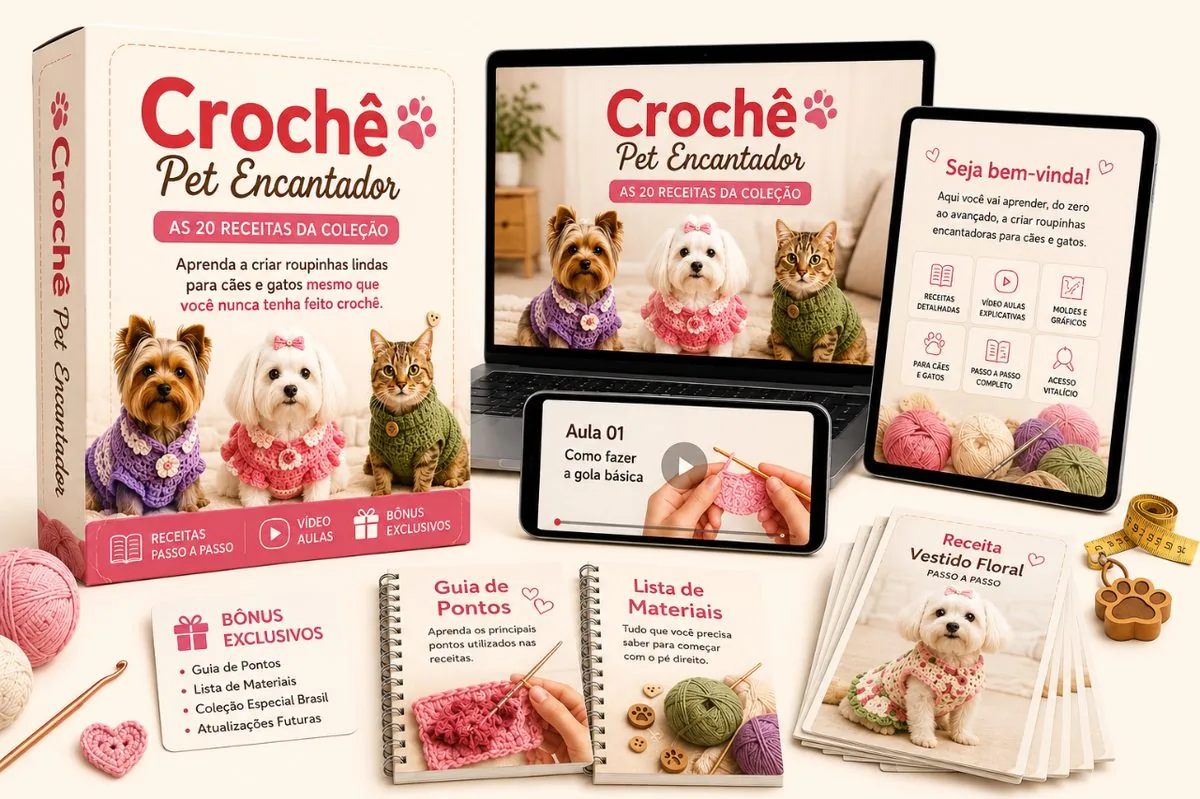 Kit Crochê Pet Encantador: apostilas, vídeo aulas e bônus exclusivos